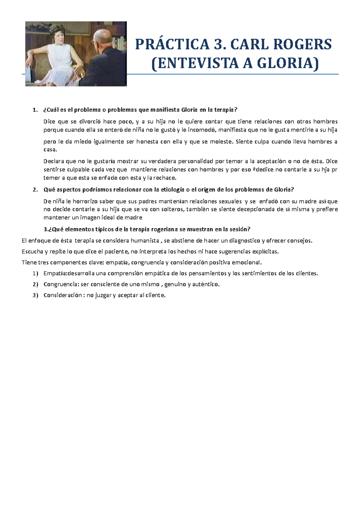 Práctica 3 , Entrevista de Carls Rogers a Gloria, resuelta