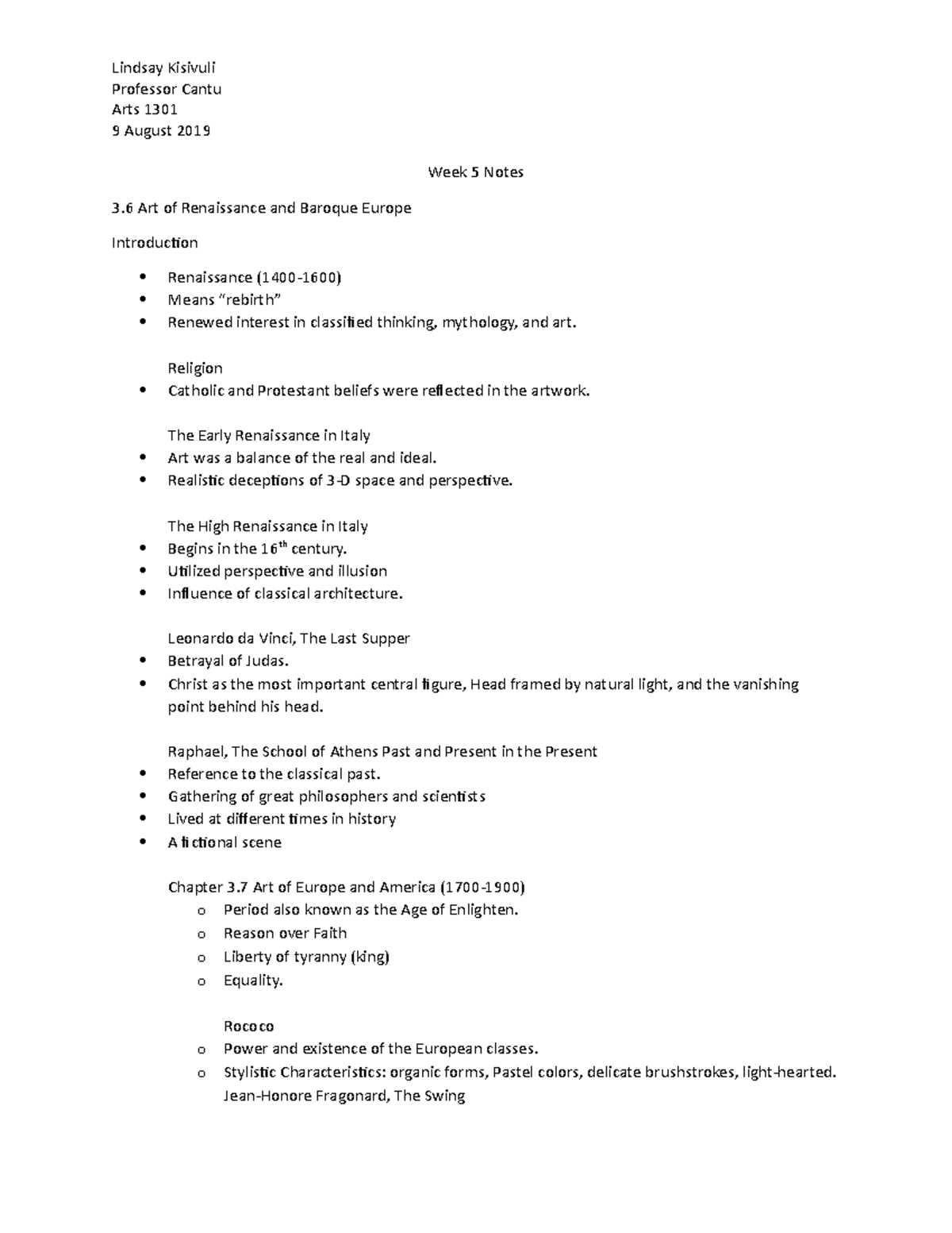 Week 5 Notes - Lindsay KisivuliProfessor Cantu Arts 13019 August 2019 ...