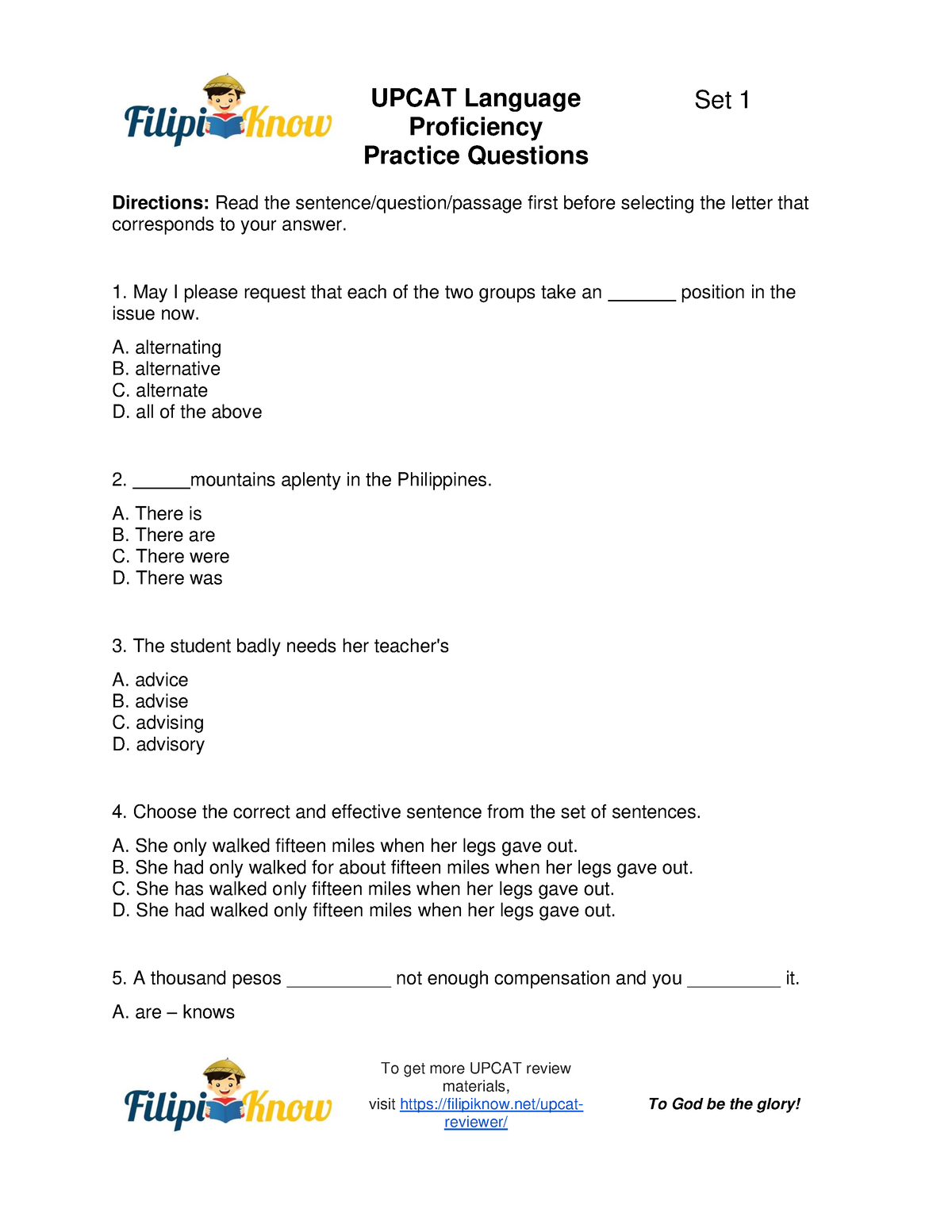 Upcat Language Proficiency Practice Questions Set 1 - Language Test ...