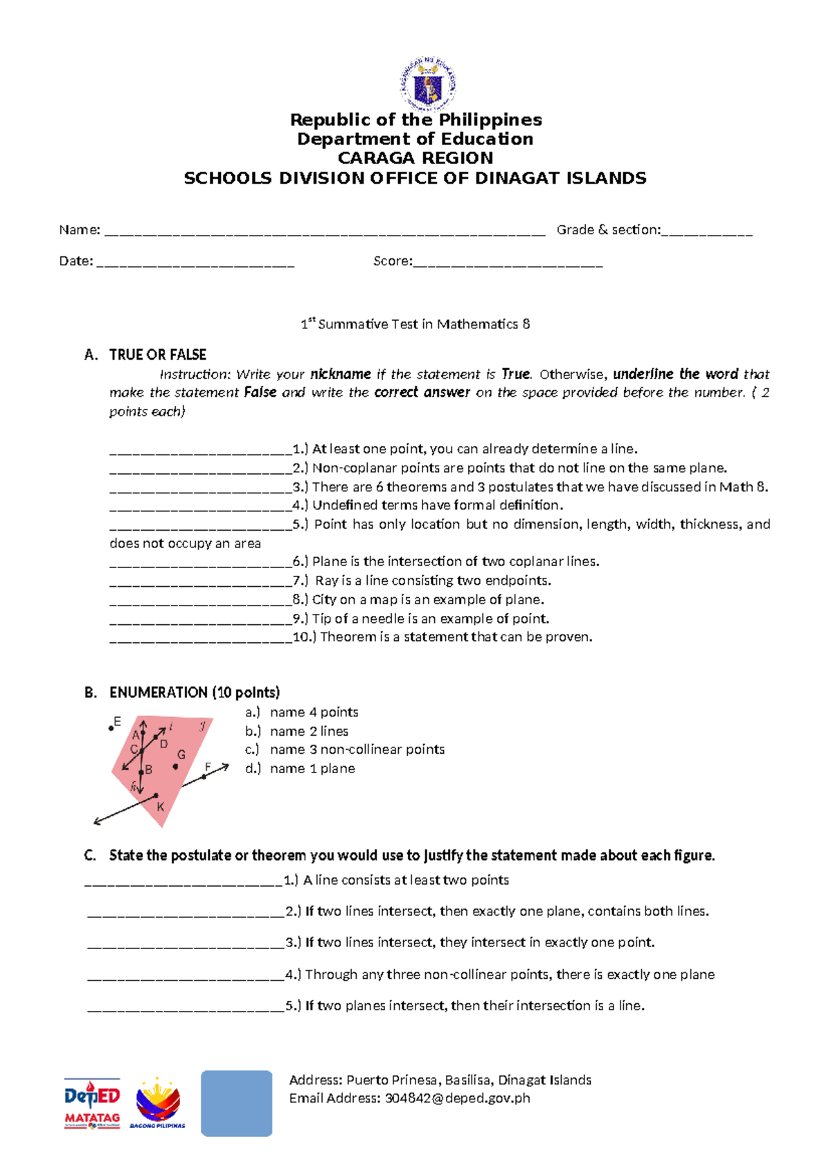 4.) 1ST summative test - sample test - Republic of the Philippines ...