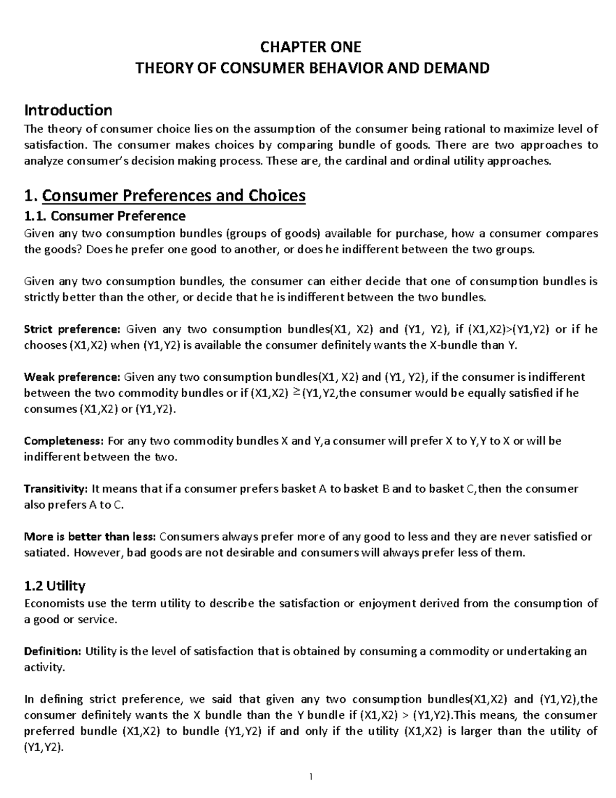 Micro ch1 - Economics - CHAPTER ONE THEORY OF CONSUMER BEHAVIOR AND ...