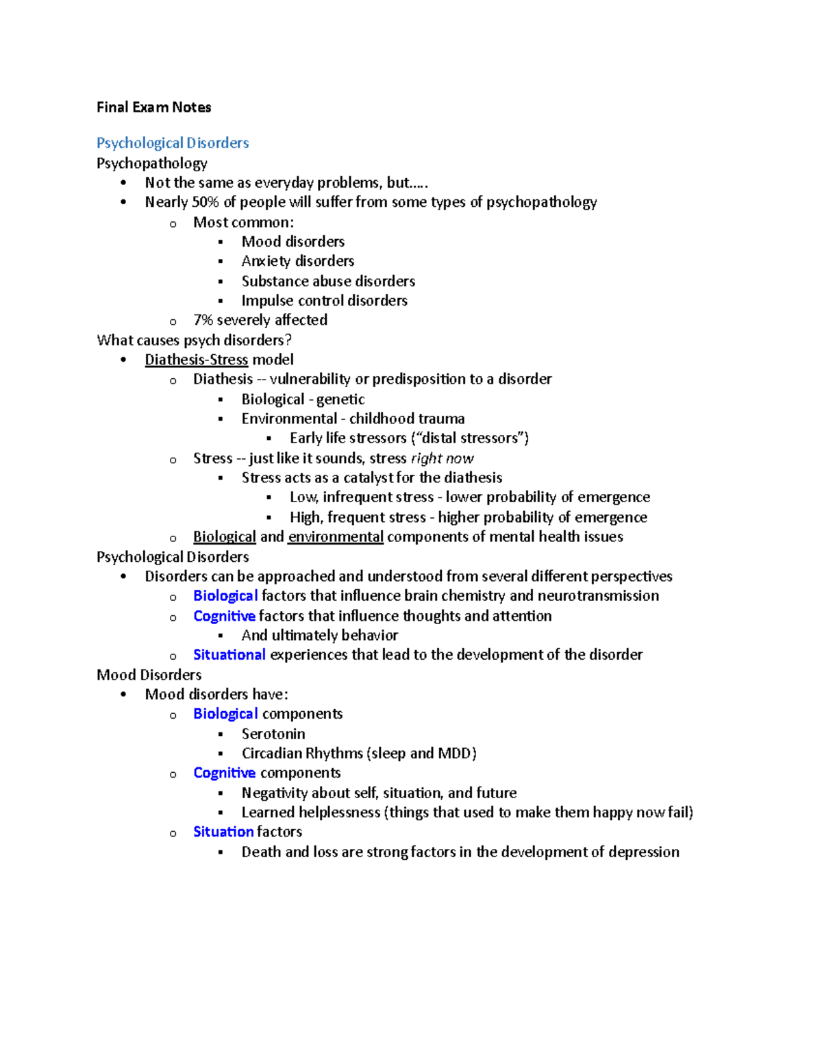 Final Exam Notes - Final Exam Notes Psychological Disorders ...