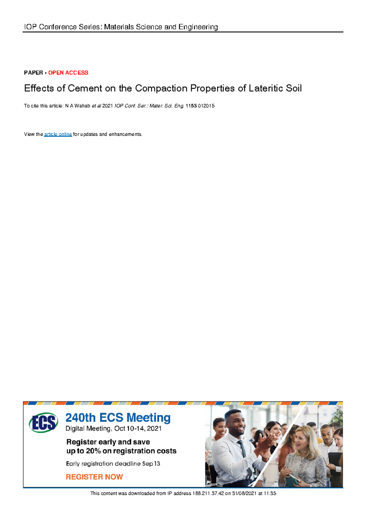 Effect Of Cement On The Compaction Properties Of Lateric Soil - IOP ...