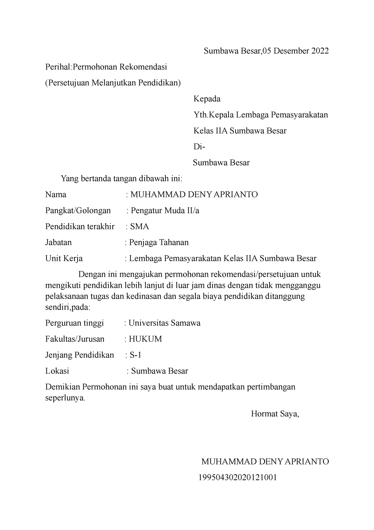 Abimanyu - Sumbawa Besar,05 Desember 2022 Perihal:Permohonan ...