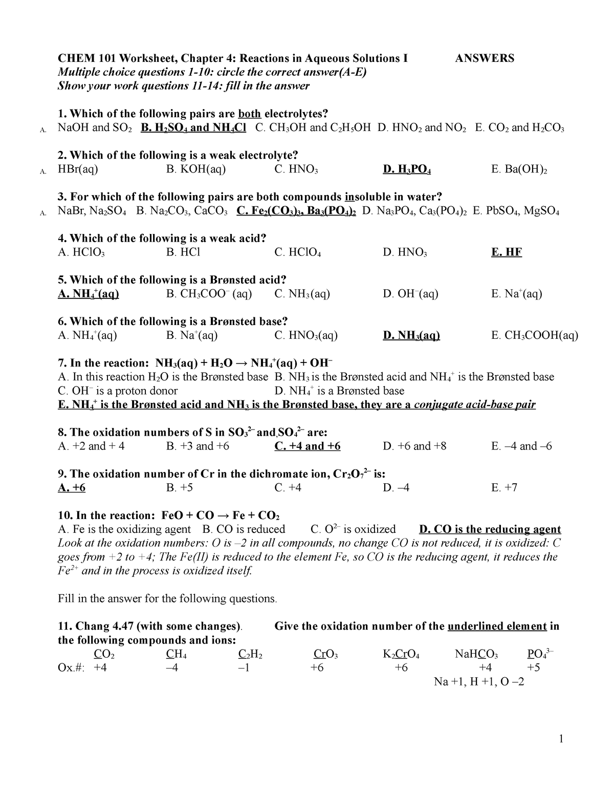 chemistry 101 chapter 4 homework answers