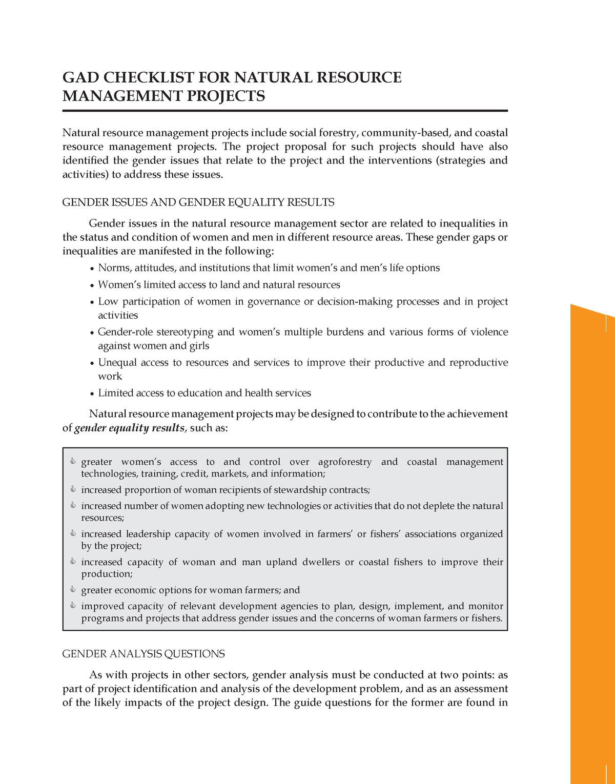 HDGD Checklist for Natural Resources Management Project - GAD CHECKLIST ...