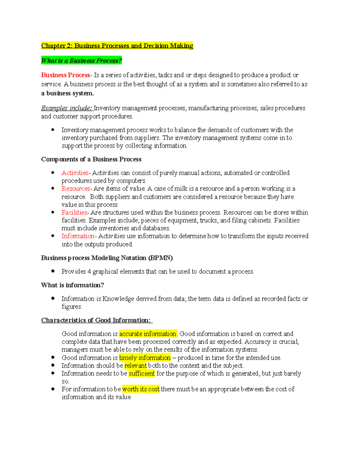 Chapter 2 - Lecture notes - Chapter 2: Business Processes and Decision ...