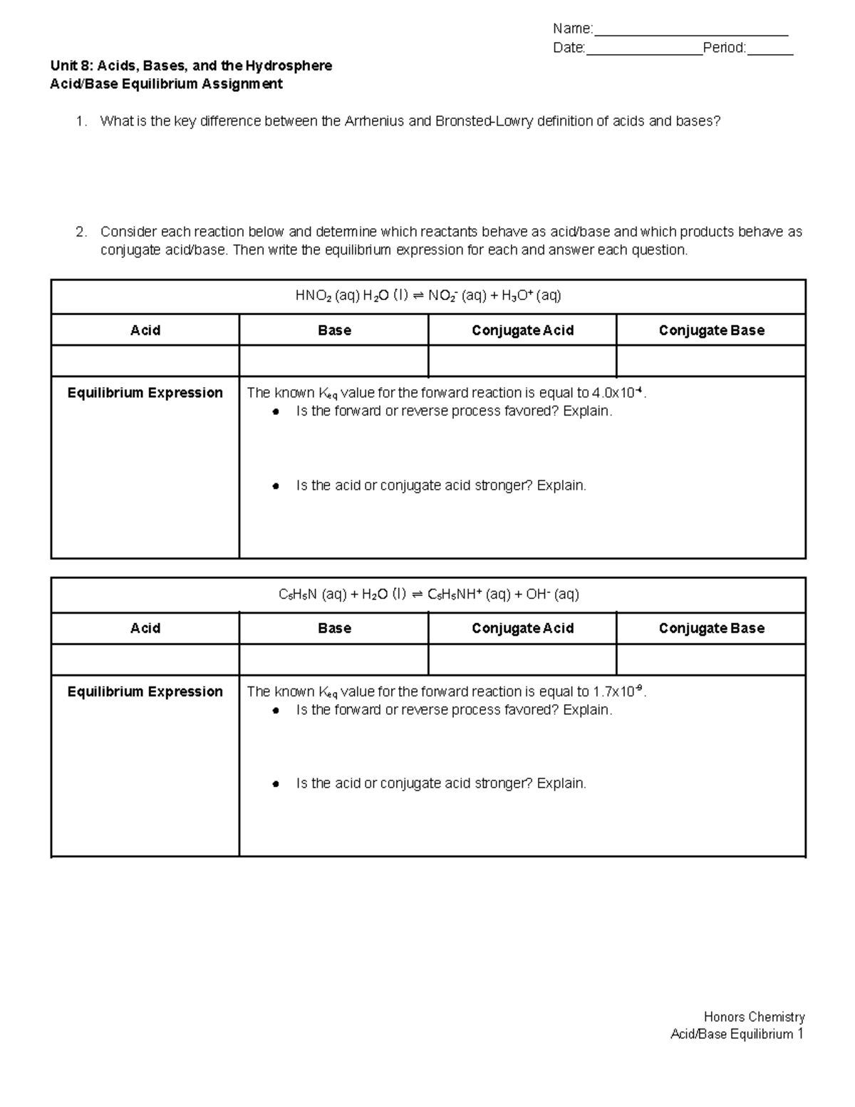 Acid Base Equilibrium - Name:_________________________ Date ...