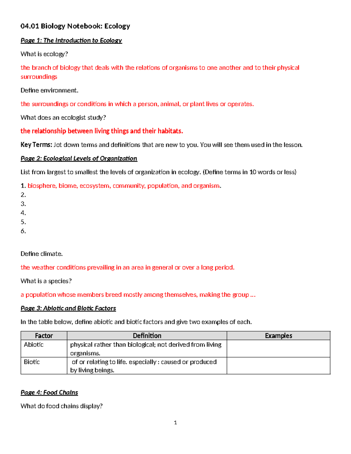 04 01 Ecology - 04 Biology Notebook: Ecology Page 1: The Introduction 