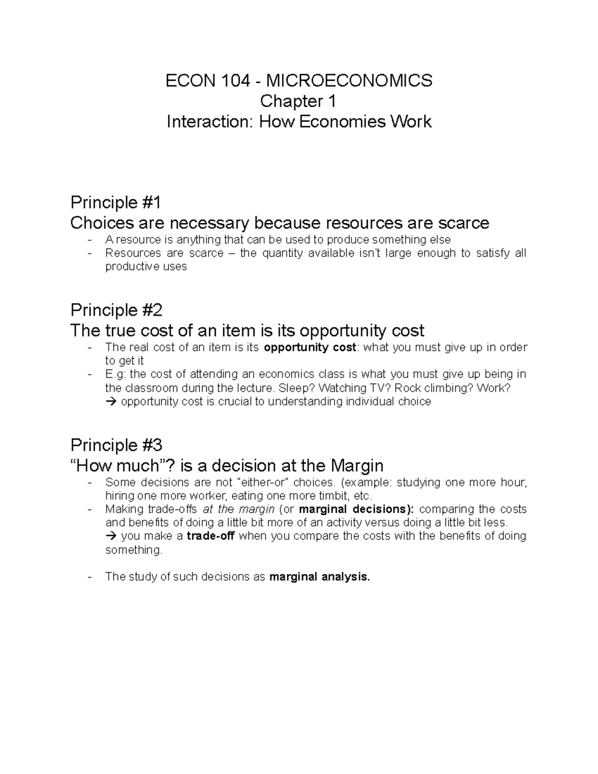 ECON 104 Main Notes - ECON 104 - MICROECONOMICS Chapter 1 Interaction ...