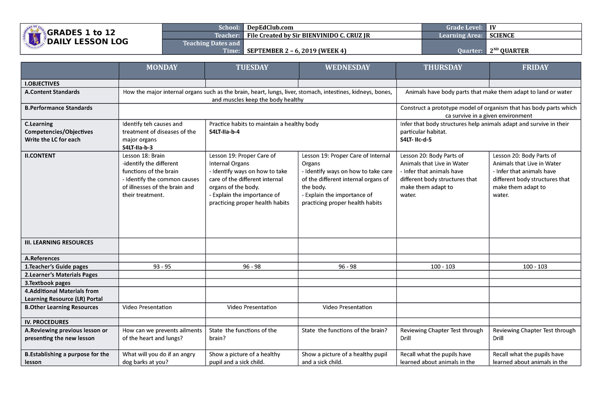 DLL Science 4 Q2 W4 - Helpful Material - GRADES 1 To 12 DAILY LESSON ...