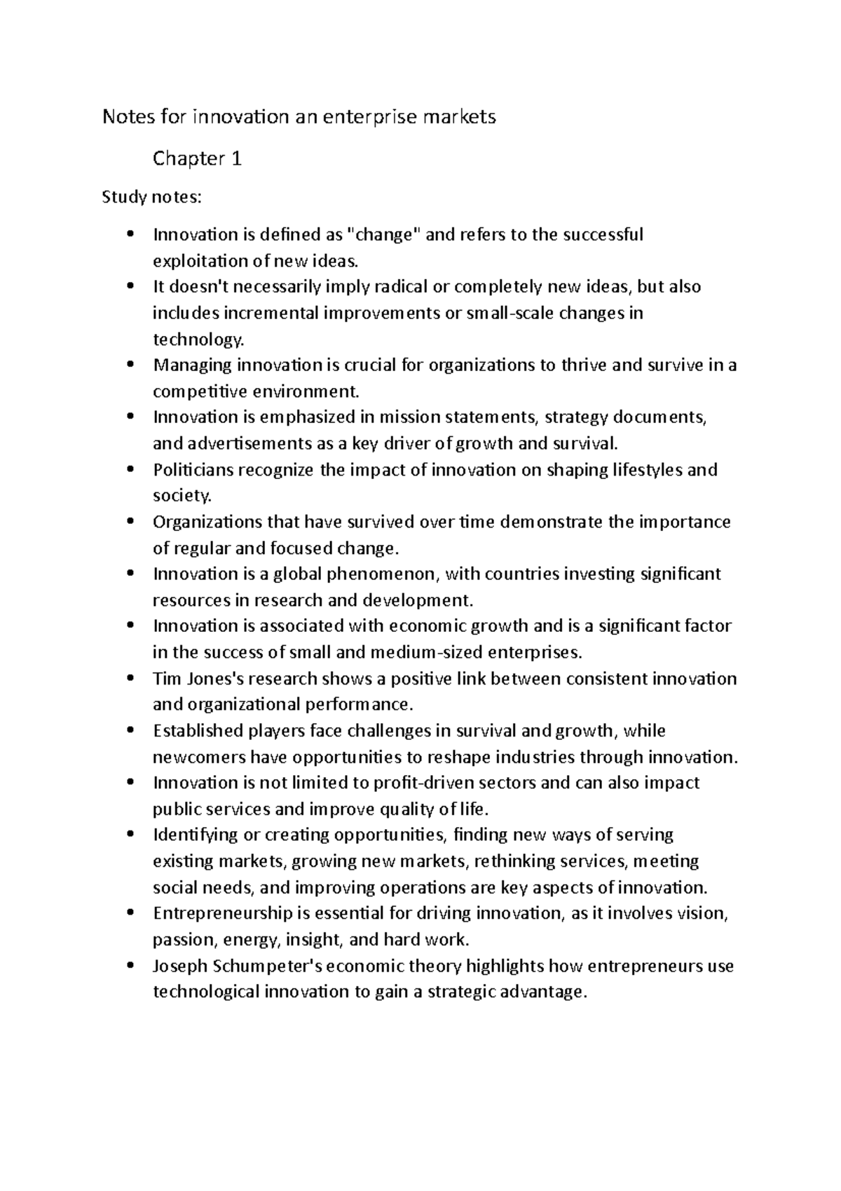 Study Notes for innovation an enterprise markets - Notes for innovation ...