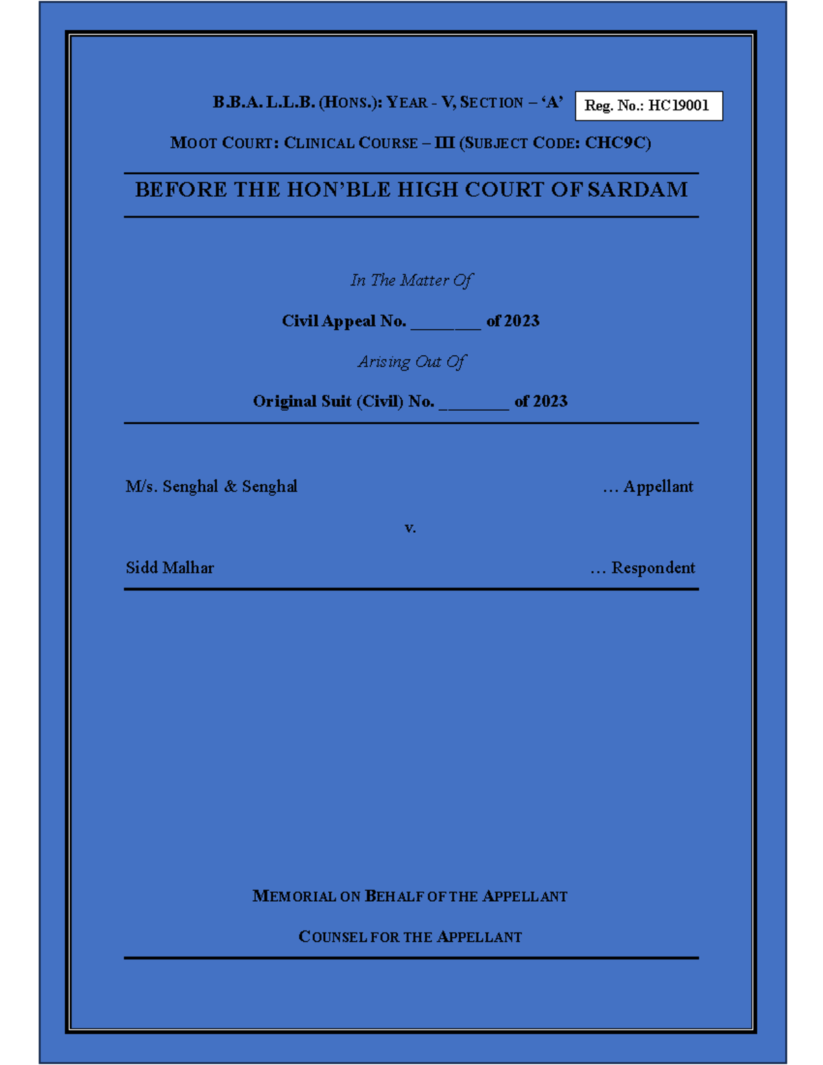 Civil Moot Appellant Memorial - B.B. L.L. (HONS.): YEAR - V, SECTION ...