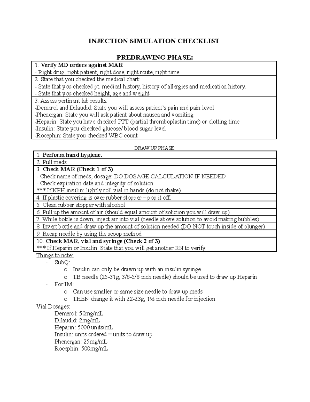 Injections Checklist - INJECTION SIMULATION CHECKLIST PREDRAWING PHASE ...