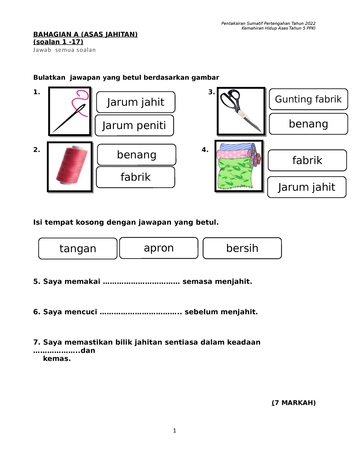 Ujian Sumatif Kemahiran Hidup Tahun 5 Bahagian A Asas Jahitan