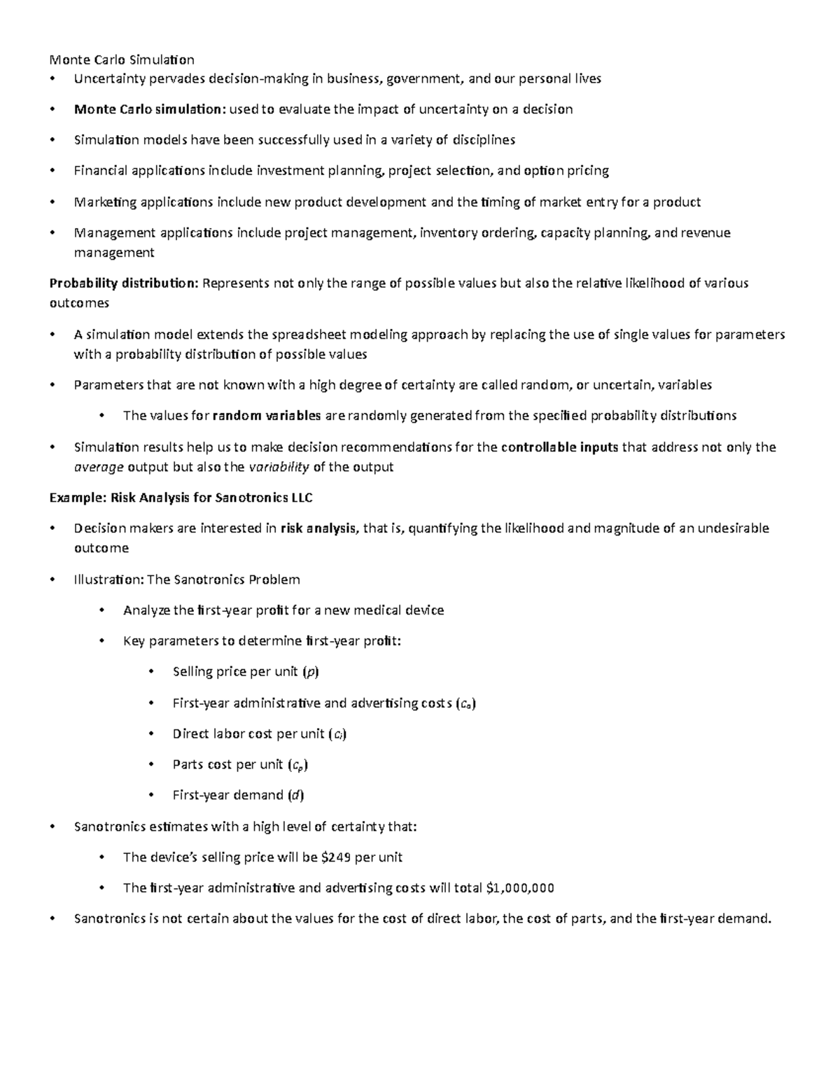 Monte Carlo Simulation Lecture Notes Monte Carlo Simulation