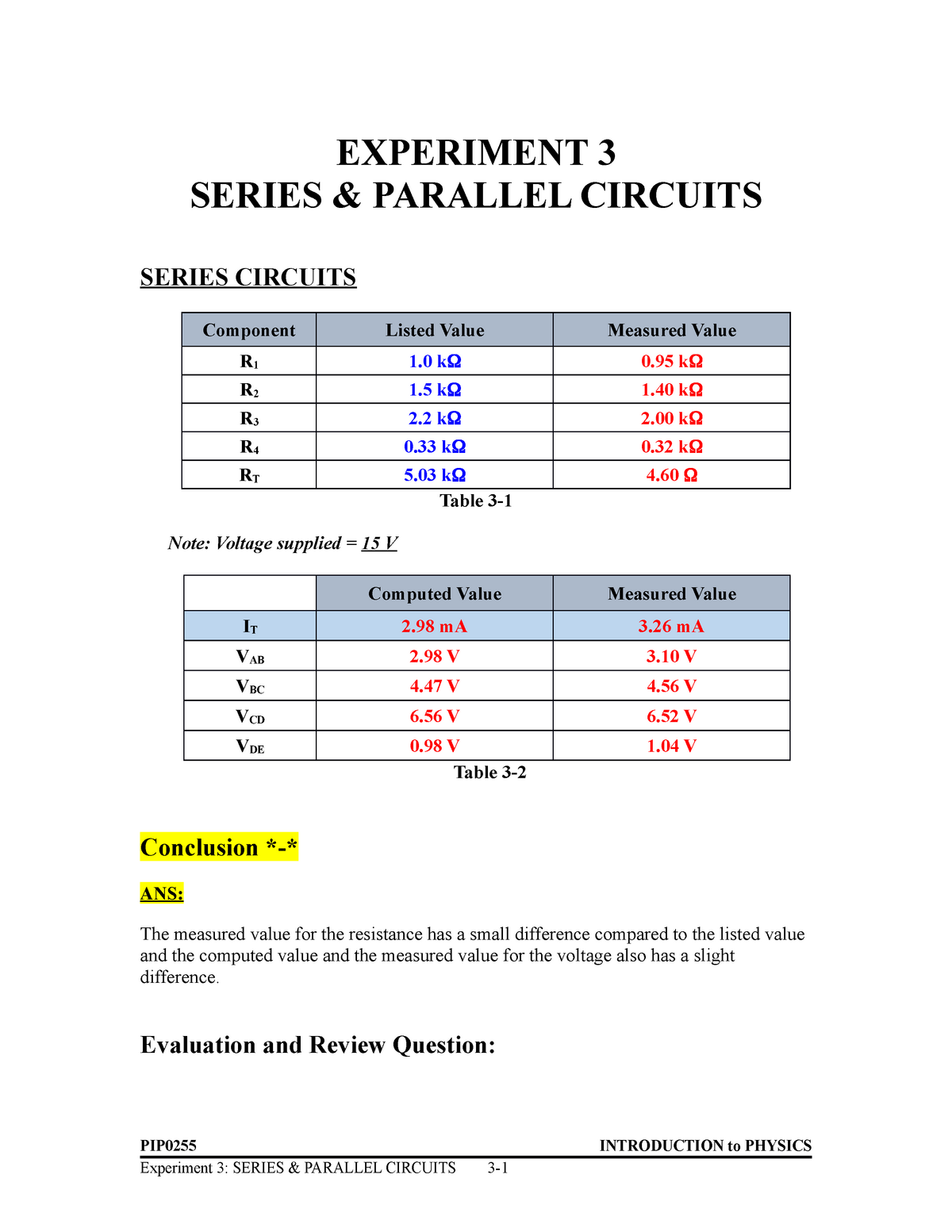 lab report series and parallel assignment instructions