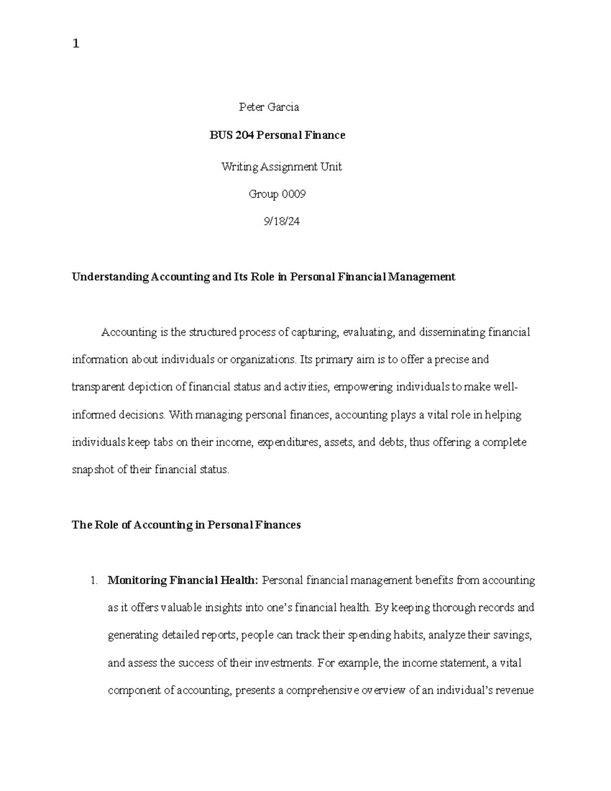 BUS 2204 Personal Finance Writing Assignment Unit - Peter Garcia BUS ...