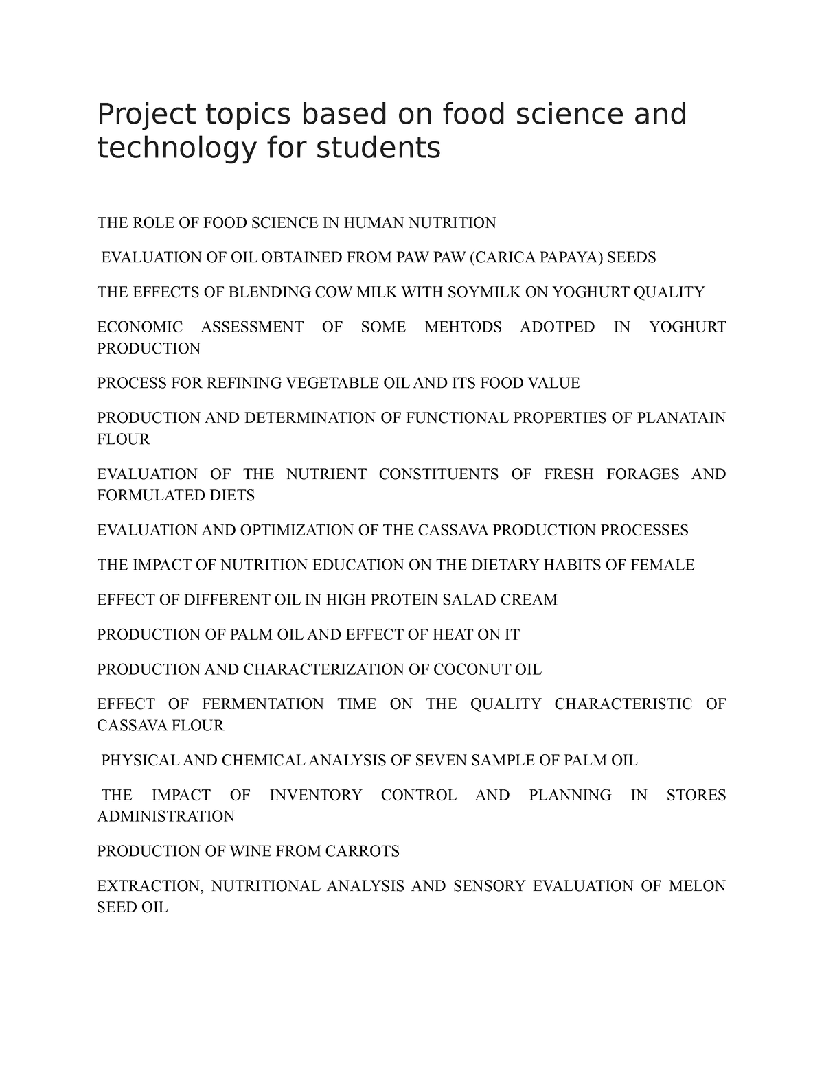 research project topics in food science and technology