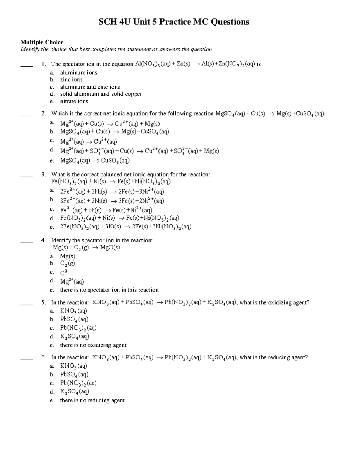 Nafees Ahmed Electrochemistry Review (Multiple Choice) SCH 4U Unit