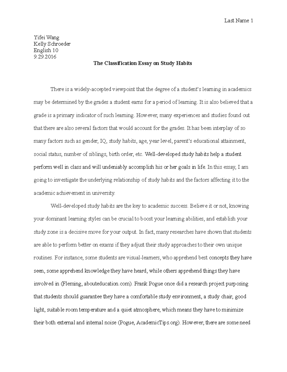 classification essay about study habits