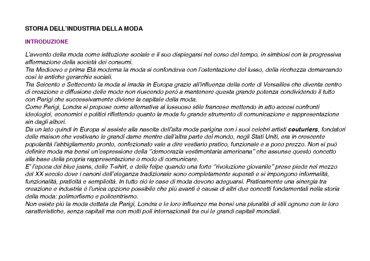 Appunti - STORIA DELL’INDUSTRIA DELLA MODA INTRODUZIONE L’avvento della