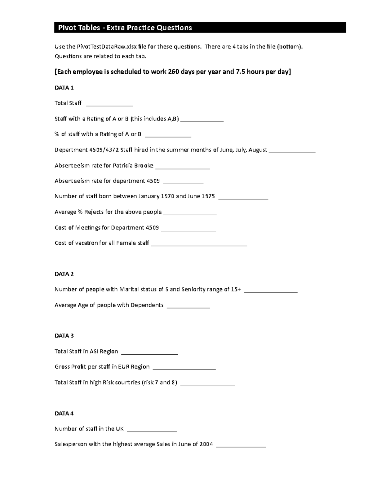 Pivots Extra Practice Questions - Pivot Tables Extra Practice Questions ...