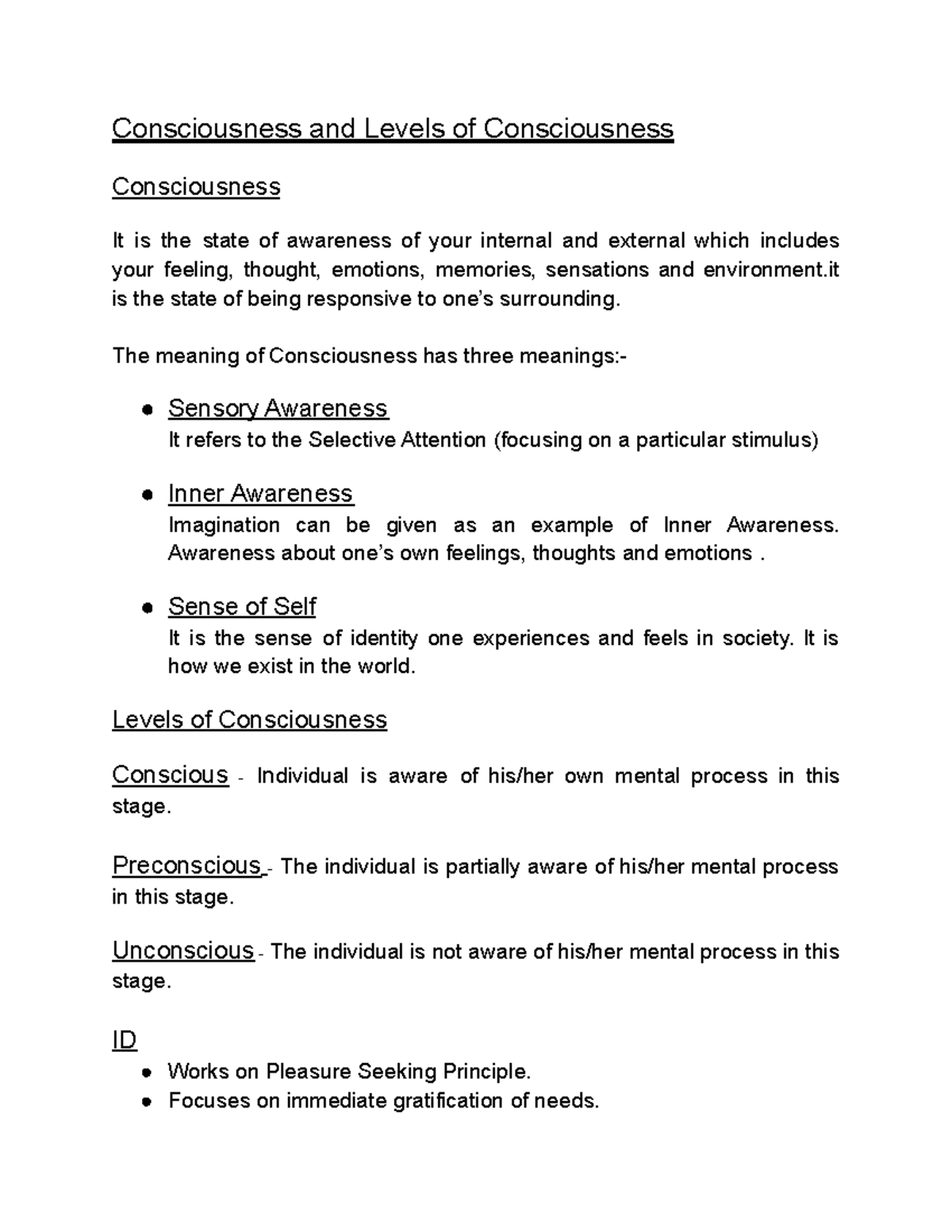 Consciousness and Levels of Consciousness The meaning of