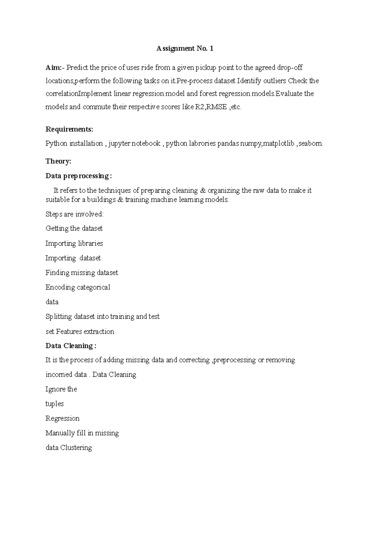 ML LP III Writeups - writeup - Assignment No. 1 Aim:- Predict the price ...