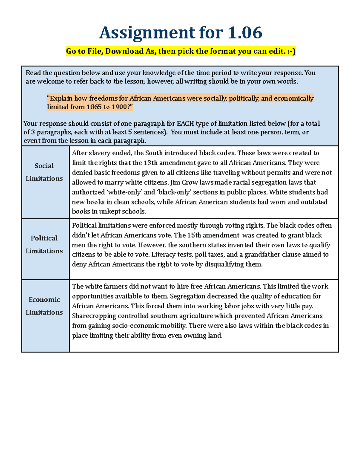 USH 1.06 - history work - Assignment for 1. Go to File, Download As ...