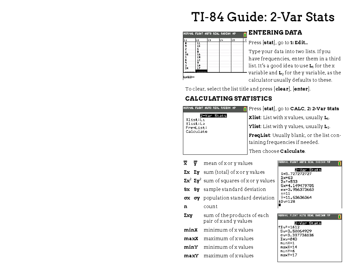 Calculator 2-var guide - TI-84 Guide: 2-Var Stats ENTERING DATA Press ...