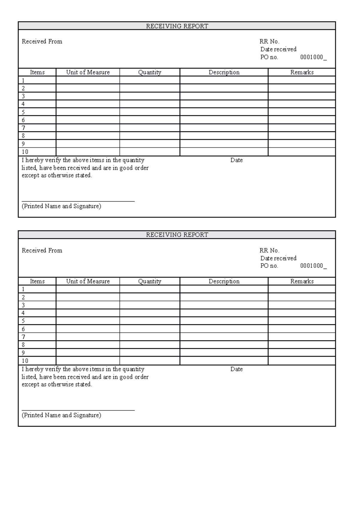Receiving Report Practice Material 3489 RECEIVING REPORT Received