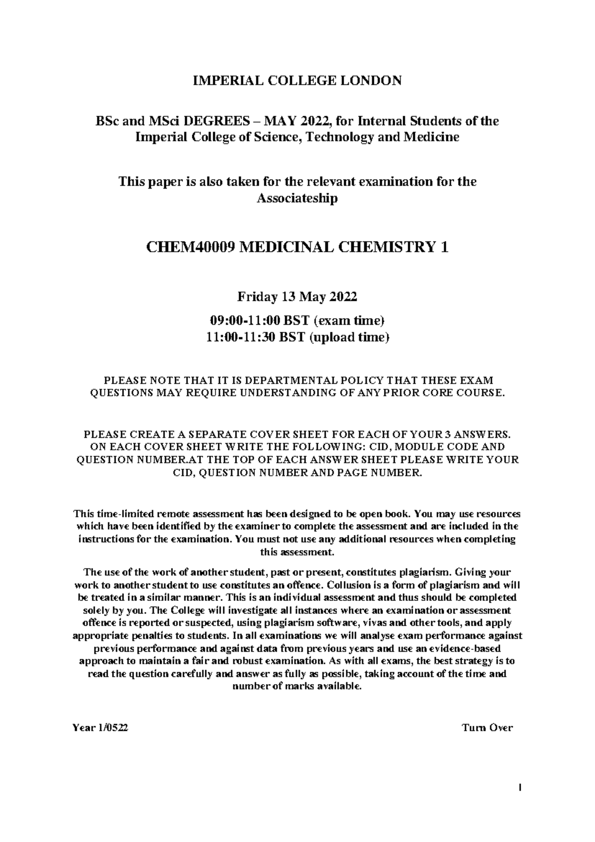 CHEM40009+Medicinal+Chemistry+1+May - IMPERIAL COLLEGE LONDON BSc and ...