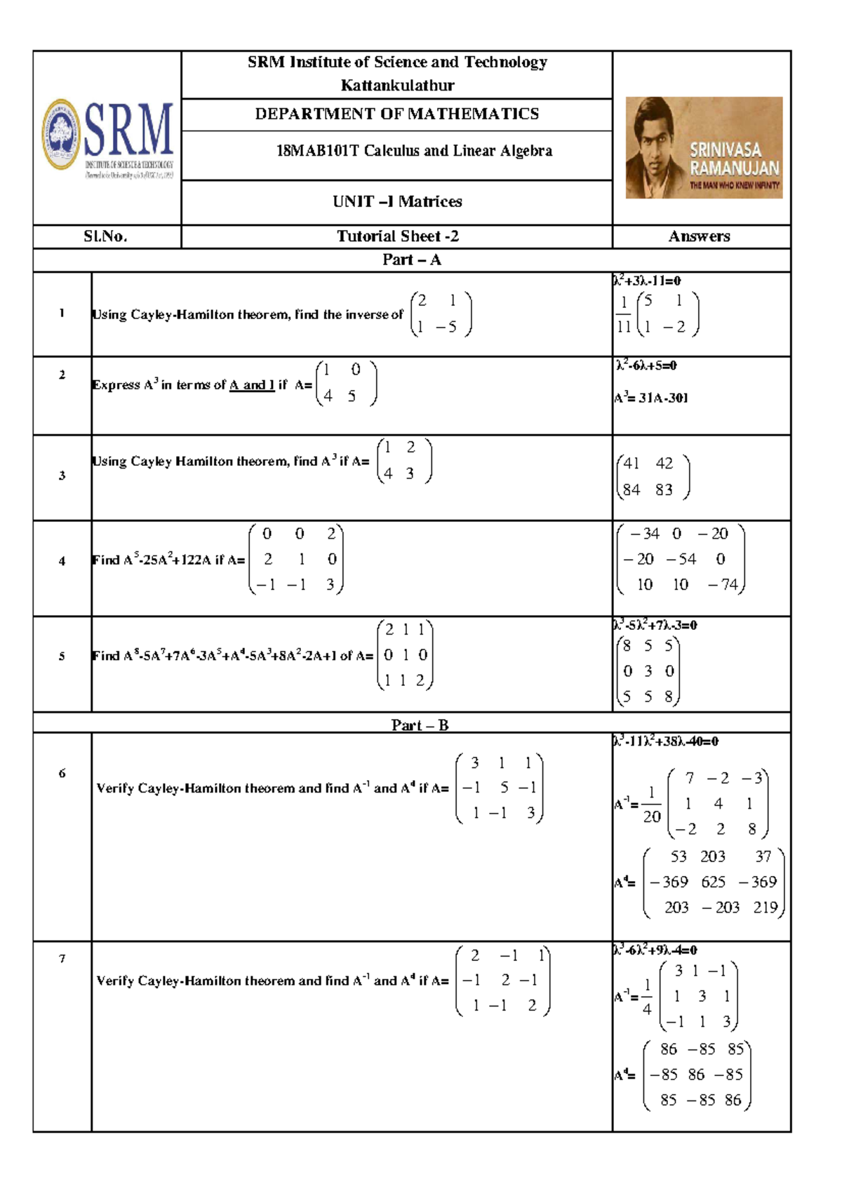 18MAB101T UNIT I Tutorial 2 - SRM Institute of Science and Technology ...