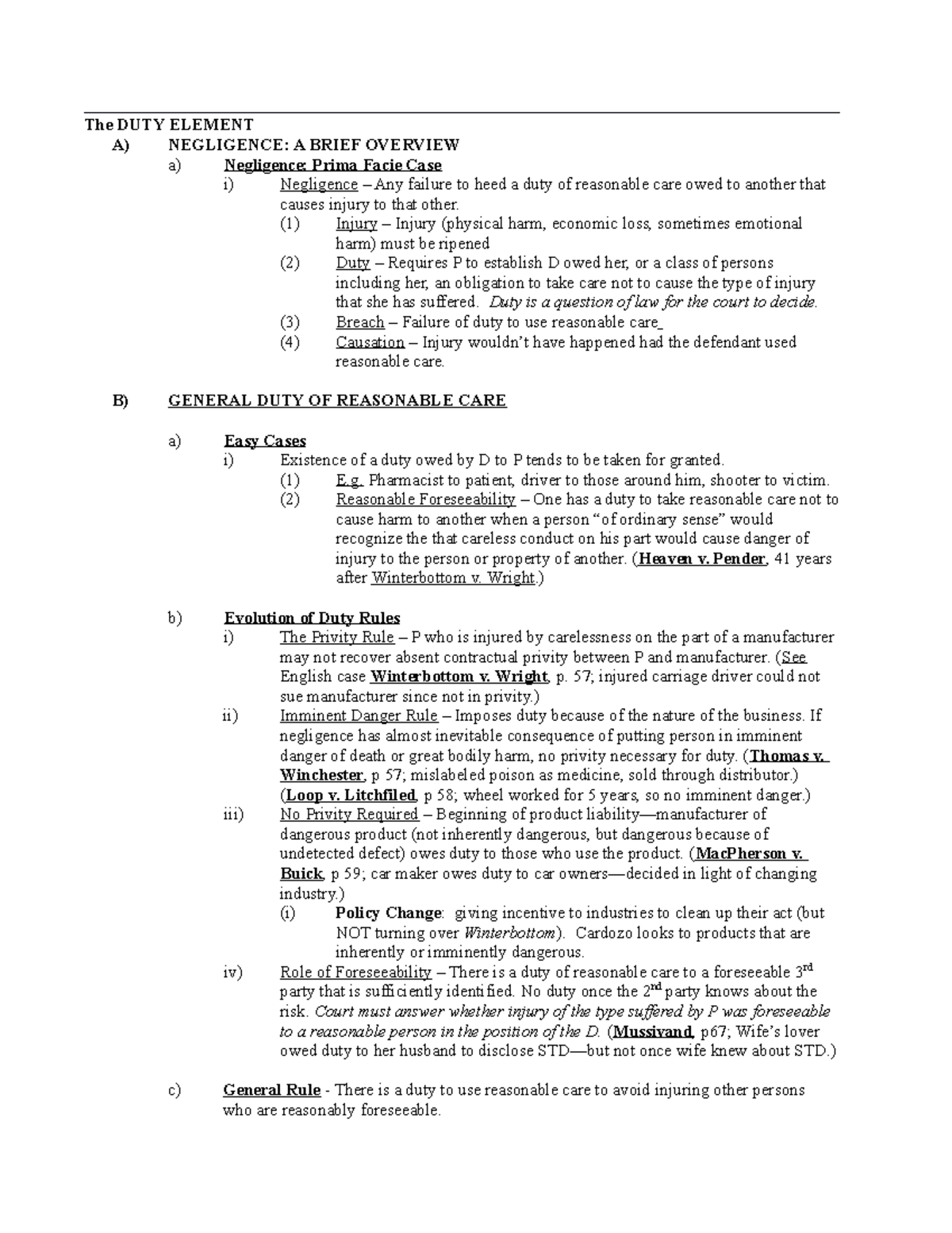 Torts Law Outline - 2 - The DUTY ELEMENT A) NEGLIGENCE: A BRIEF ...