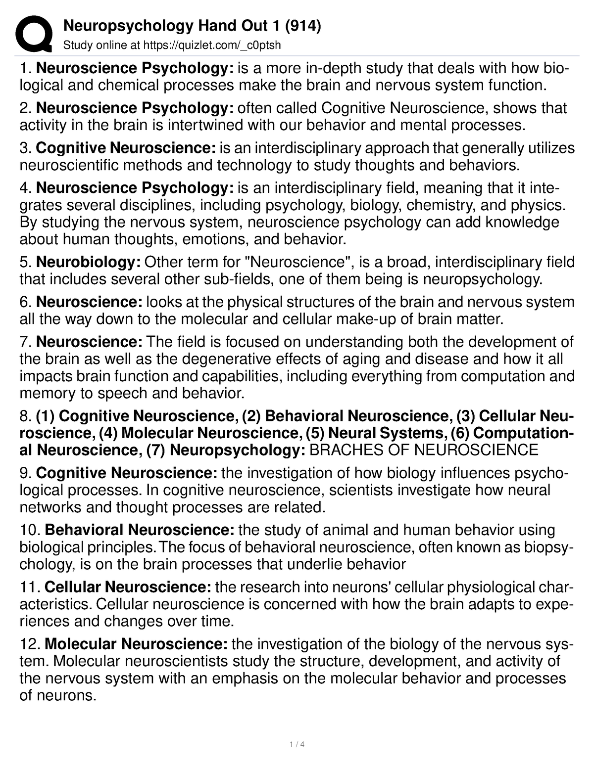 neuropsychology essay questions