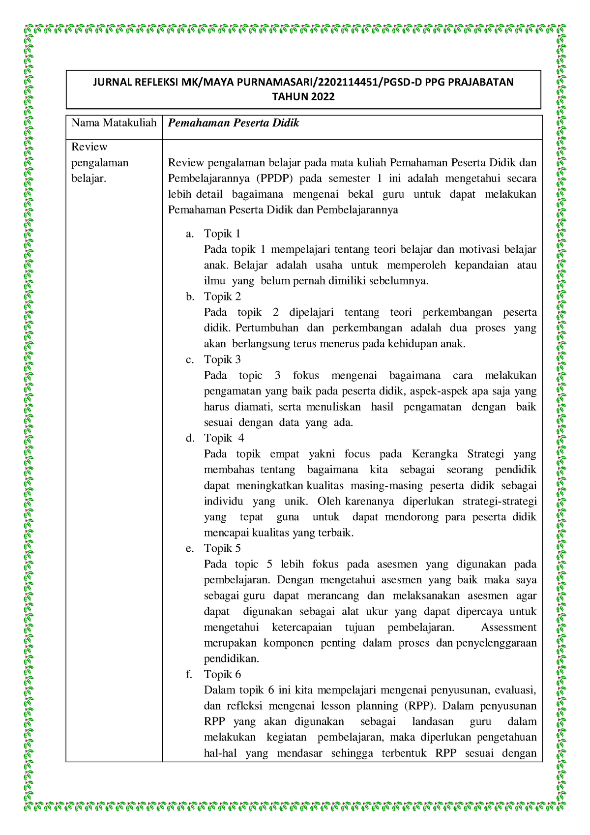 Jurnal Refleksi Maya Purnamasari PPDP - Nama Matakuliah Pemahaman ...