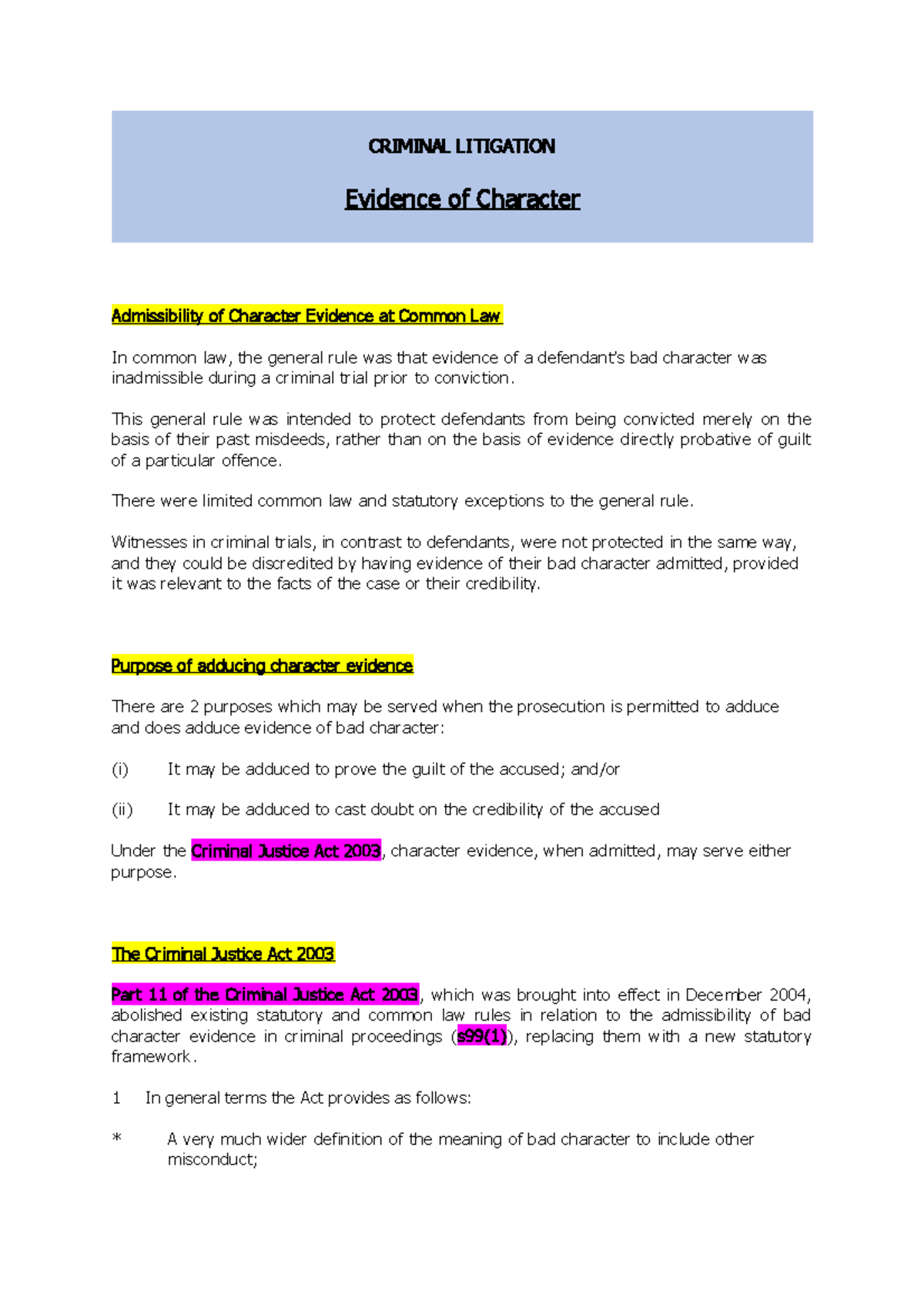 Evidence of character - criminal litigation - CRIMINAL LITIGATION ...