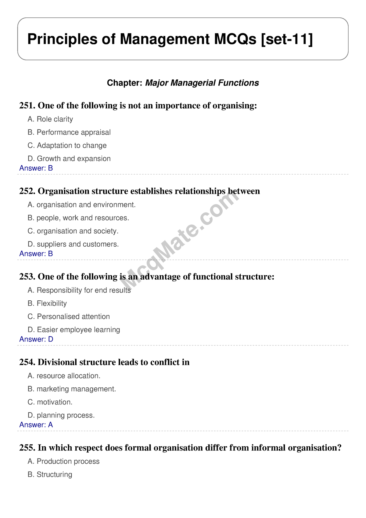 Principles Of Management Solved MCQs [set-11] Mcq Mate.com - McqMate ...