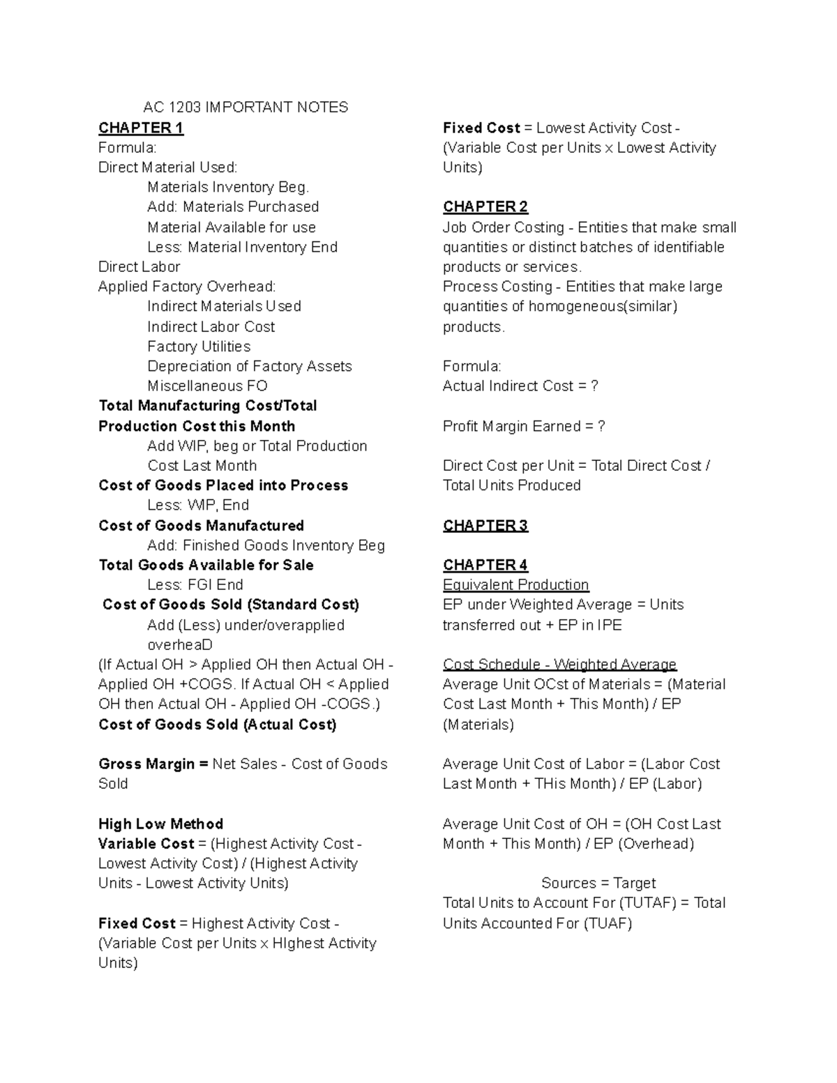 AC 1203 Important Notes - AC 1203 IMPORTANT NOTES CHAPTER 1 Formula ...