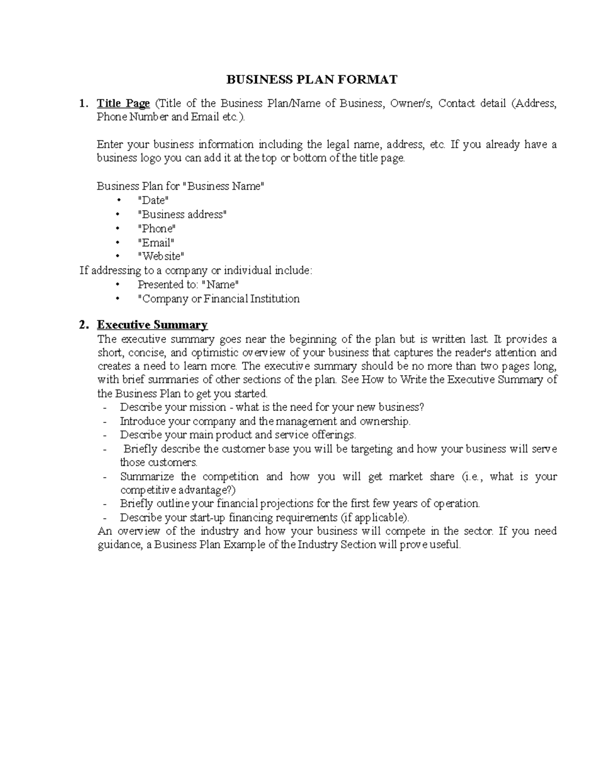 Business PLAN Format Final - BUSINESS PLAN FORMAT Title Page (Title of ...