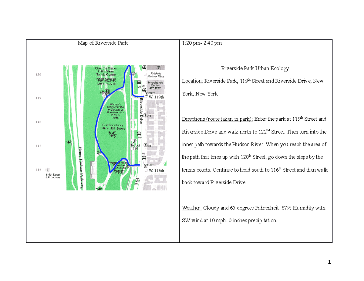 Riverside Park Ecology Lab - Map of Riverside Park 1:20 pm- 2:40 pm