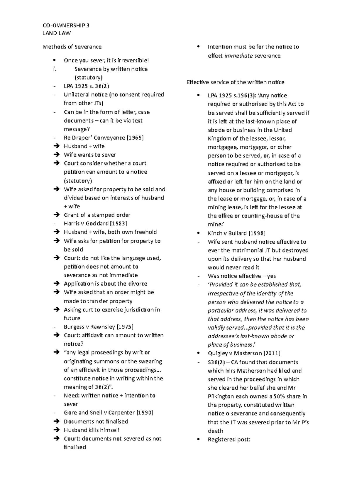 Co-ownership 3 - Co-ownership lecture notes - CO-OWNERSHIP 3 LAND LAW ...