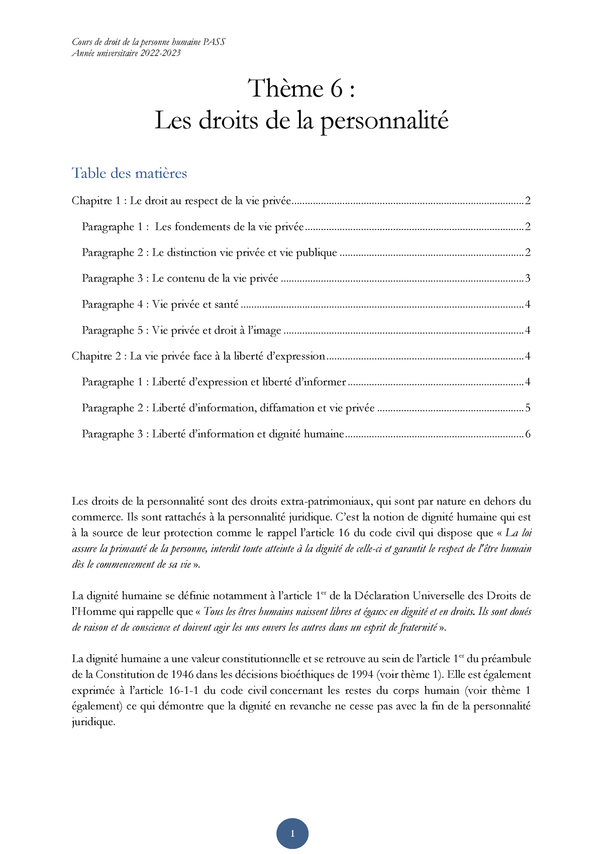 Les Droits De La Personnalit Ã© 22-23 - Année Universitaire 2022- Thème ...