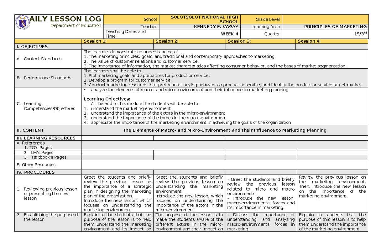 PM Quarter 1 WEEK 4 - DAILY LESSON - DAILY LESSON LOG Department of ...