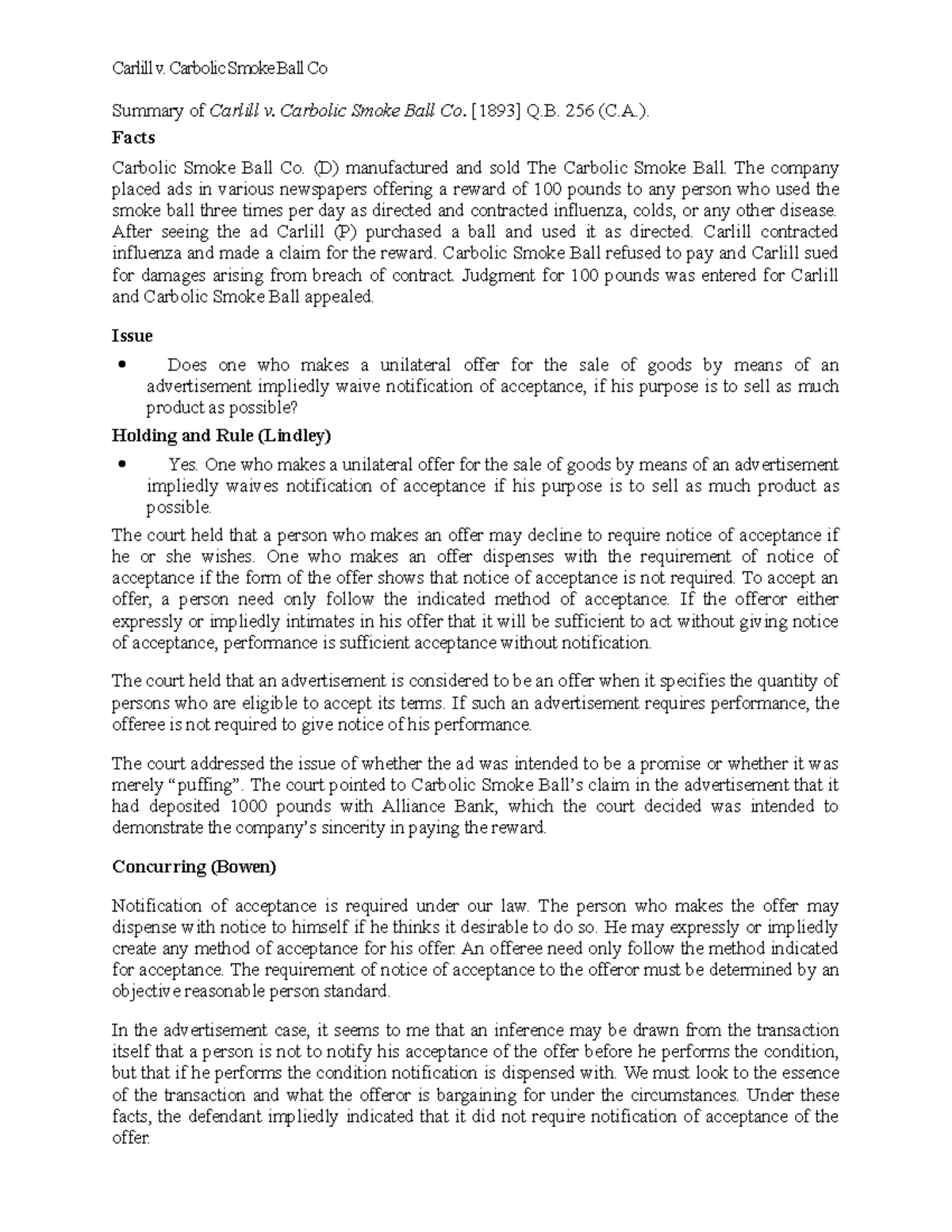 Carlill v. Carbolic Smoke Ball Co Carlill v. Carbolic Smoke Ball Co