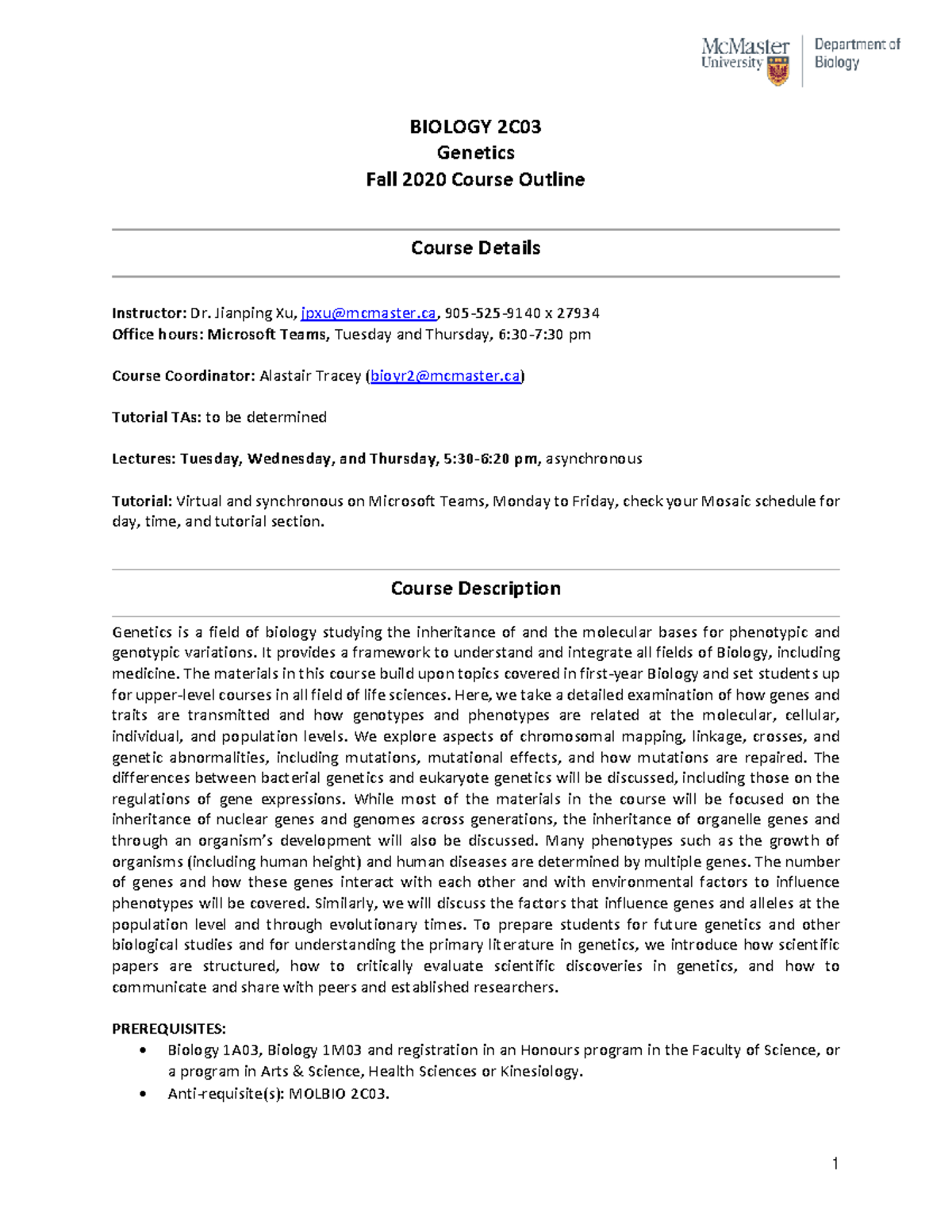 BIO-2C03 Outline - Genetics - BIOLOGY 2C 03 Genetics Fall 2020 Course ...