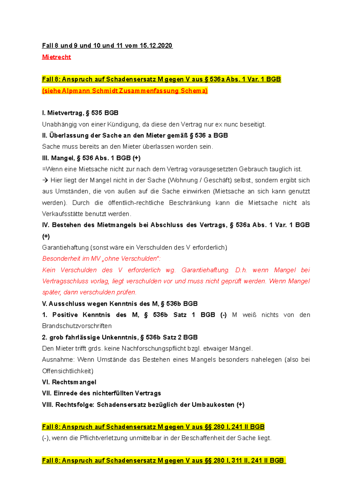 Fall 8+9+10+11-15 - Fälle Zum Schuldrecht BT - Fall 8 Und 9 Und 10 Und ...