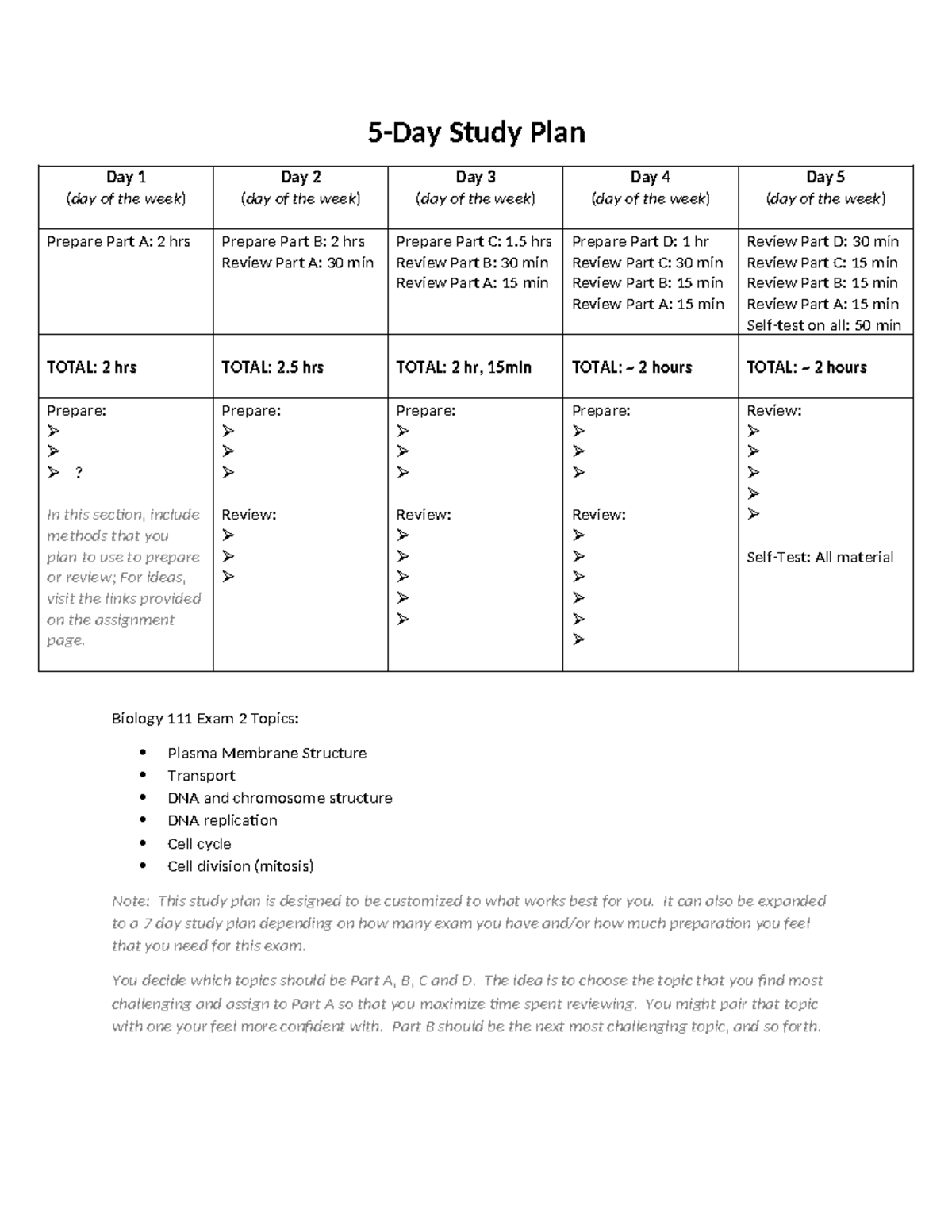 5 Day Study Plan Template - 5-Day Study Plan Day 1 (day of the week ...