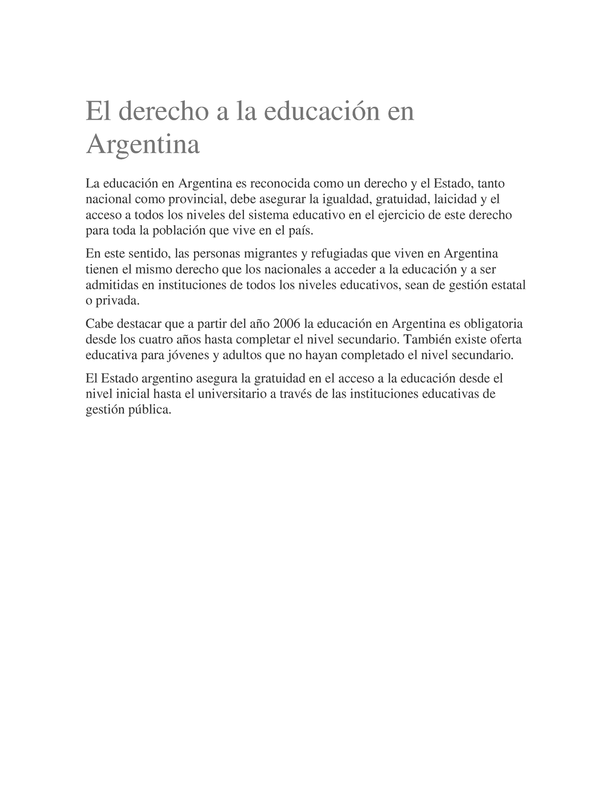 El Derecho A La Educación En Argentina El Derecho A La Educación En Argentina La Educación En